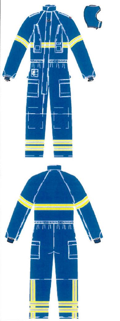Produktet er en coverall (kedeldragt) i brandhæmmende materiale, fremstillet ved sammensyning af flere forskellige lag.

Coverall er mørk navy blå og med gule/grå refleks strimler.

Coveralls er forsynet med:
Lommer: 1 indvendig lomme med lynlås, 1 stor lomme på siden af begge ben, 1 lille lommer over højre sidelomme, 1 inderlomme og 1 radio lommer på hvert bryst.
Refleks strimler: 1 refleksstrimmel omkring bryst og begge ærmer, 2 strimler nederst på begge ben og 1 strimmel vertikalt på begge ben. Refleksstrimlerne er med en bredde på 7,5 cm.