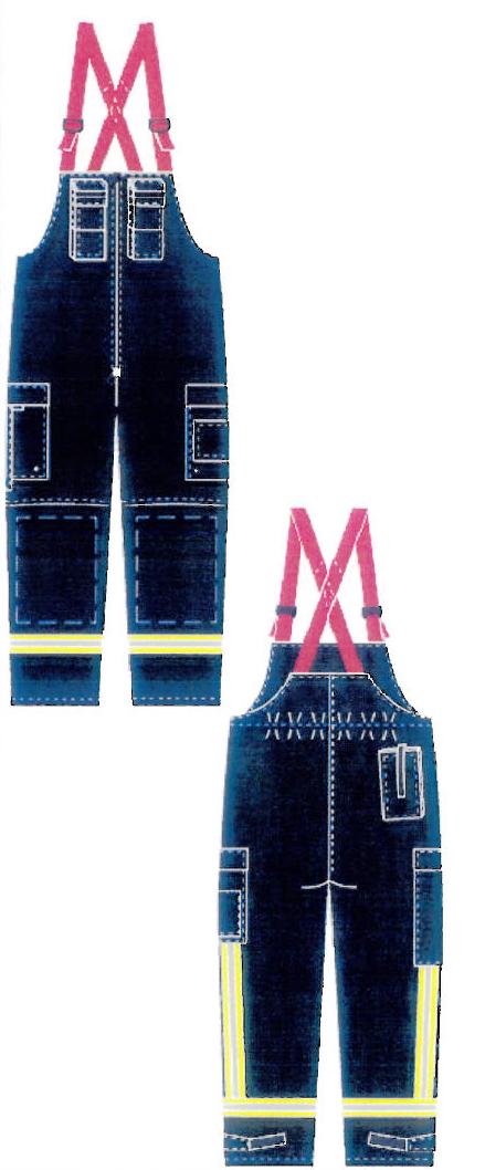 Produktet er et par overall i brandhæmmende materiale, fremstillet ved sammensyning af flere lag.

Overalls er mørk navy blå, med røde seler og med gule/grå refleks strimler.

Overalls er forsynet med:
Røde seler.
Lommer: 1 side lomme på begge benene, 1 kniv lomme på højre ben, 1 radio lomme bagpå og 2 radio lommer øverst foran.
Refleks strimler: 1 strimmel om begge ben og 1 strimmel vertikalt på nederste del af ben. Refleksstrimlerne er 5 cm bredde.