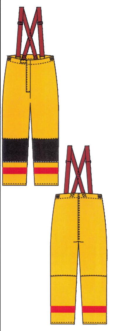 Produktet er et par bukser i brandhæmmende tekstilmateriale, fremstillet ved sammensyning af flere lag.

Bukserne er gule og med røde refleks strimler.

Modellen har design nr PS6661.

Bukserne er forsynet med:
Brune seler.
Refleks strimler: 1 strimler på hvert bukseben., 1 strimmel for og bag på krop under ærmer. 1 strimmel rundt for og bag krop nederst.