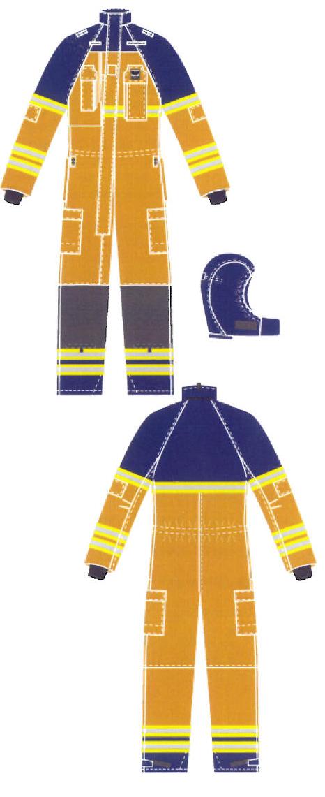 Produktet er en coverall (kedeldragt), i brandhæmmende tekstilmateriale, fremstillet ved sammensyning af flere lag.

Coverall er blå og gul og med gule/grå refleks strimler.

Modellen har design nr PS8180.

Coverall er forsynet med:
Knæbeskyttere
Lommer: 2 lommer på siden af lårene, 1 radiolomme på hvert bryst 1 inderlom-me.
Refleks strimler: 2 strimler nederst på hvert bukseben, 3 strimler på hvert ærme, 1 strimmel rundt for og bag under ærmer.