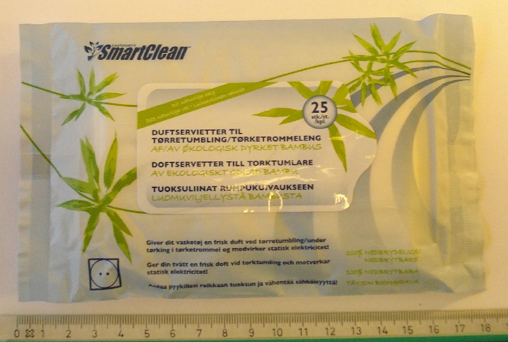 Produktet er duftservietter til tørretumbling, betegnet SmartClean duftservietter.

Produktet er en serviet som er overtrukket med en væske.

Serviettens materiale er ifølge angivelsen en fiberdug af 100 % bambusfibre.

Færdigvaren består af en pakke med 25 stk vådservietter.

Duftservietterne skal bruges til tørretumbling.