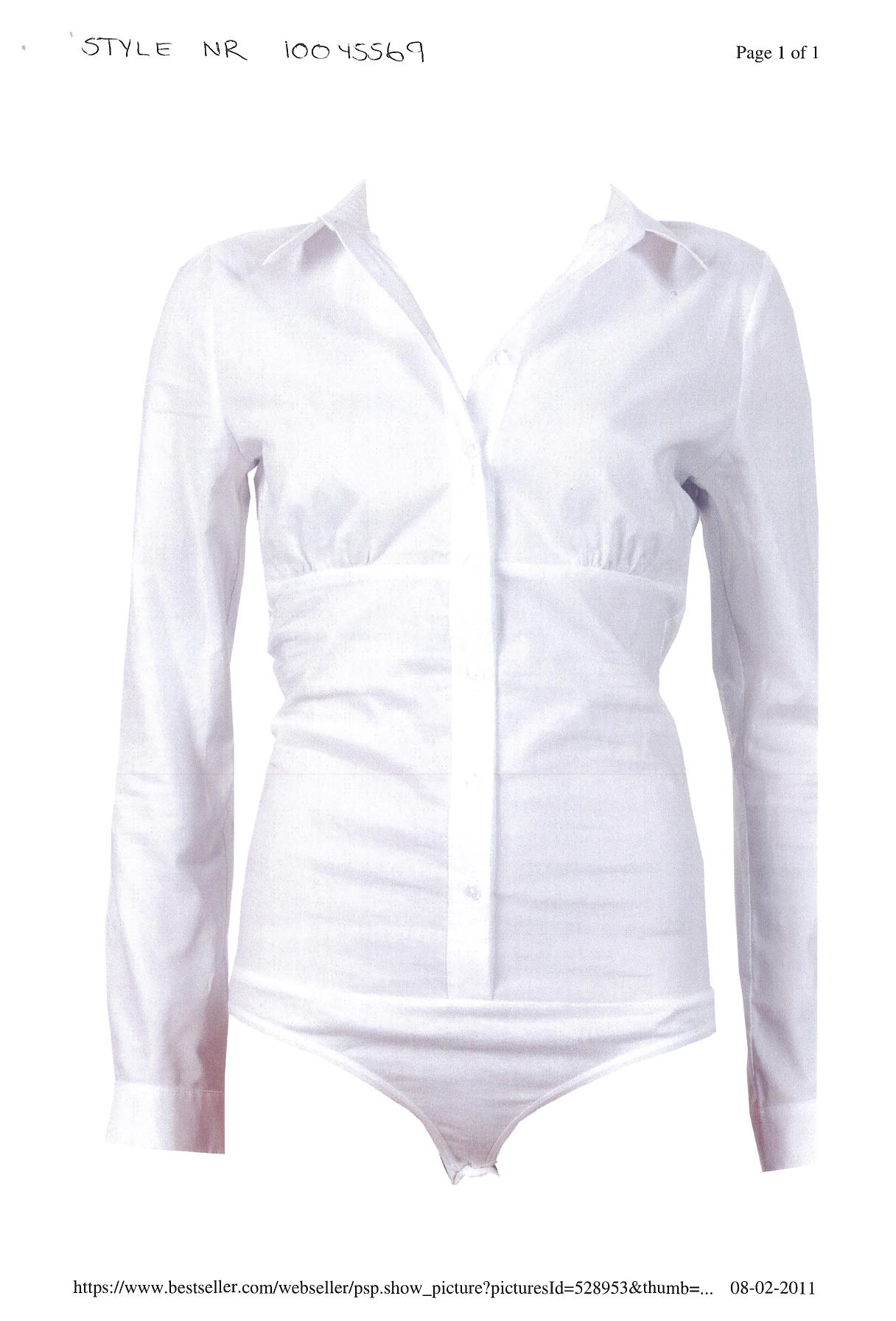En vare til kvinder af 65% bomuld, 35% polyester og 5% elastan, der dækker overkroppen ned til skridtet.

Varen har form som en bodystocking og er sammensat af en vævet overdel samt en underdel af trikotage.

Overdelen har form som en skjortebluse med krave, lange løsthængende ærmer og forsynet med en åbning med knaplukning fra højre over venstre fra halsudskæringen til taljen. Lige under brystet har skjorten en sammentrækning med rynkeeffekt.

Varen er forsynet med en trusselignende elastisk underdel, der går fra taljen til skridtet og lukkes med trykknapper .