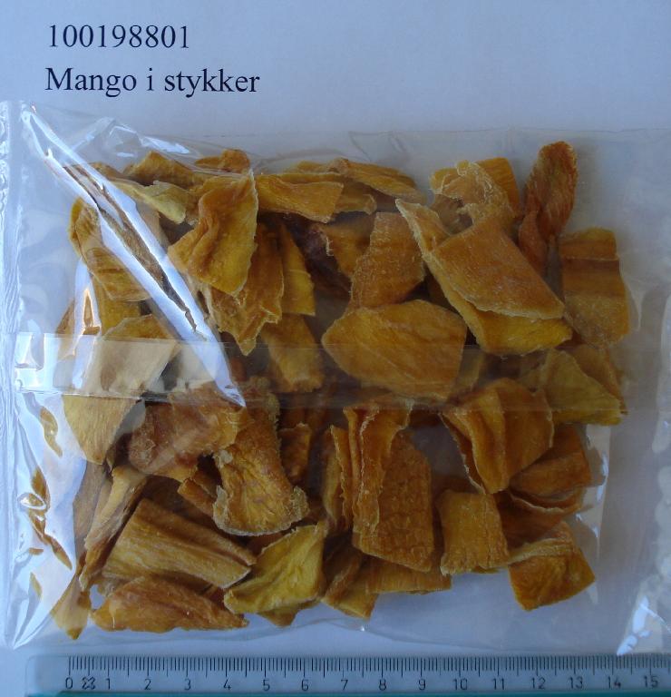 99,95% tørret mango, konserveringsmiddel; E220 (svovldioxid)

Produktet fremstår som tørrede stykker af mango i varierende størrelser.