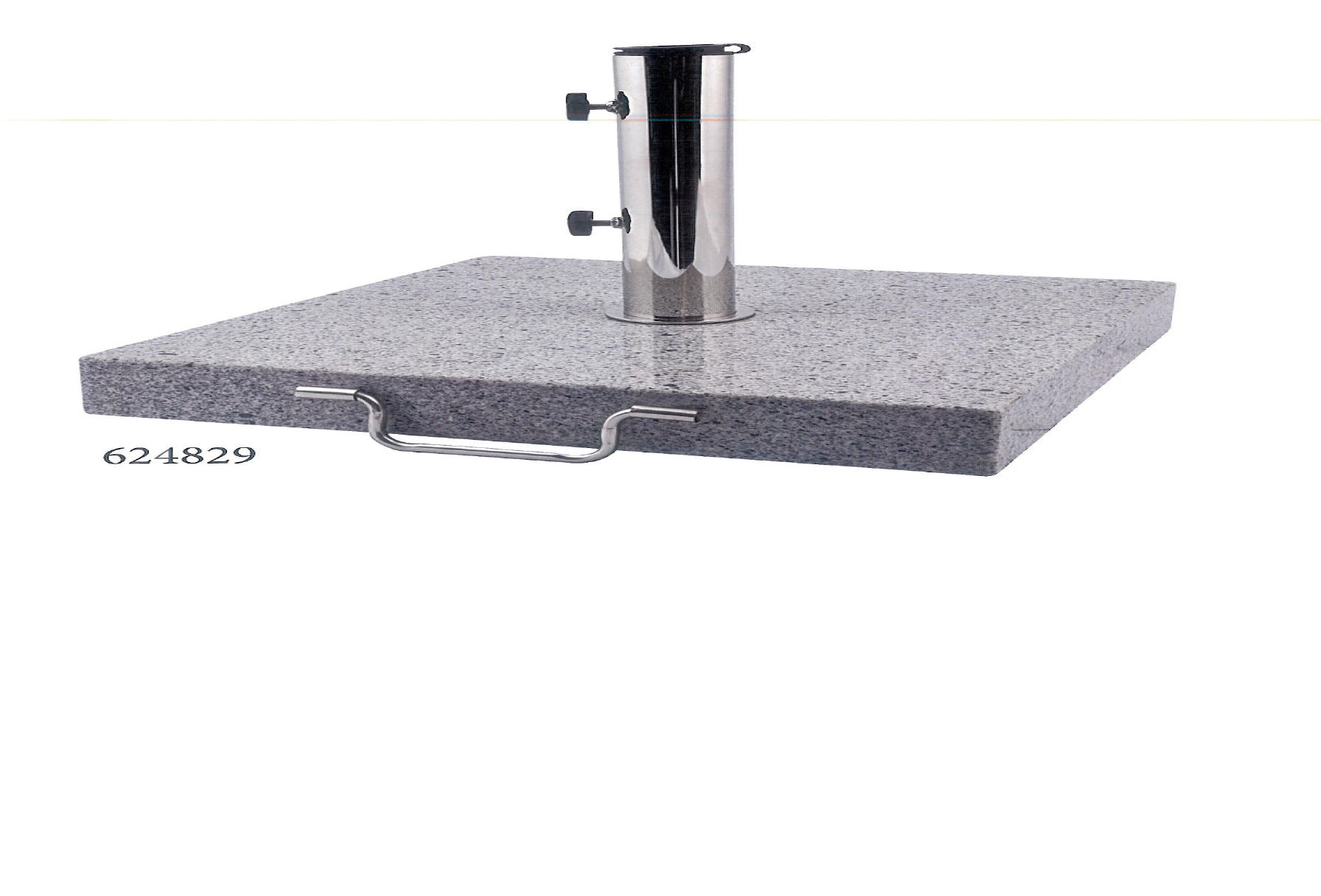 Parasolfod Granit 35 kg m/håndtag og hjul. Den måler 45x45x8cm, i centrum er der monteret et metalrør der er 29,5 com højt og har en indvendig diameter på 5,7cm og udvendigt 6,0cm. På den ne side af granitstenen er monteret et metalhåndtag til hjælp ved flytning