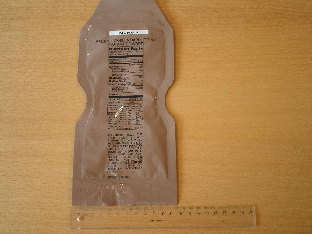 NordicLaed Nødration complete kit

French Vanilla Cappuccino Instant Powder:
-Sugar, corn syrup solids, partially hydrogenated soybean oil, whey, instant coffee, sodium caseinate (a milk derivative), dipotassium phosphat, silicon dioxide (anti-caking agent), mono and diglycerides, sodium stearl lactylate, natural and artificial flavors, carrageenan, tetrasodium pyrophosphate, dextrose.

Indeholder: Mælk og soja.

Calories pr. serving:
Total fat 3g 5%. Saturated fat 1g 5%. Trans fat 1,5g. Cholesterol 0mg 0%. Sodium 50mg (2%). Total carbohydrate 23g (8%). Dietary fiber 0g. Sugars 18g. Protein 1g.
Vitamin A 0%. Vitamin C 0%. Calcium 4%. Iron 0%. 

Se medfølgende French Vanilla Cappuccino instant Powder (Demovare)