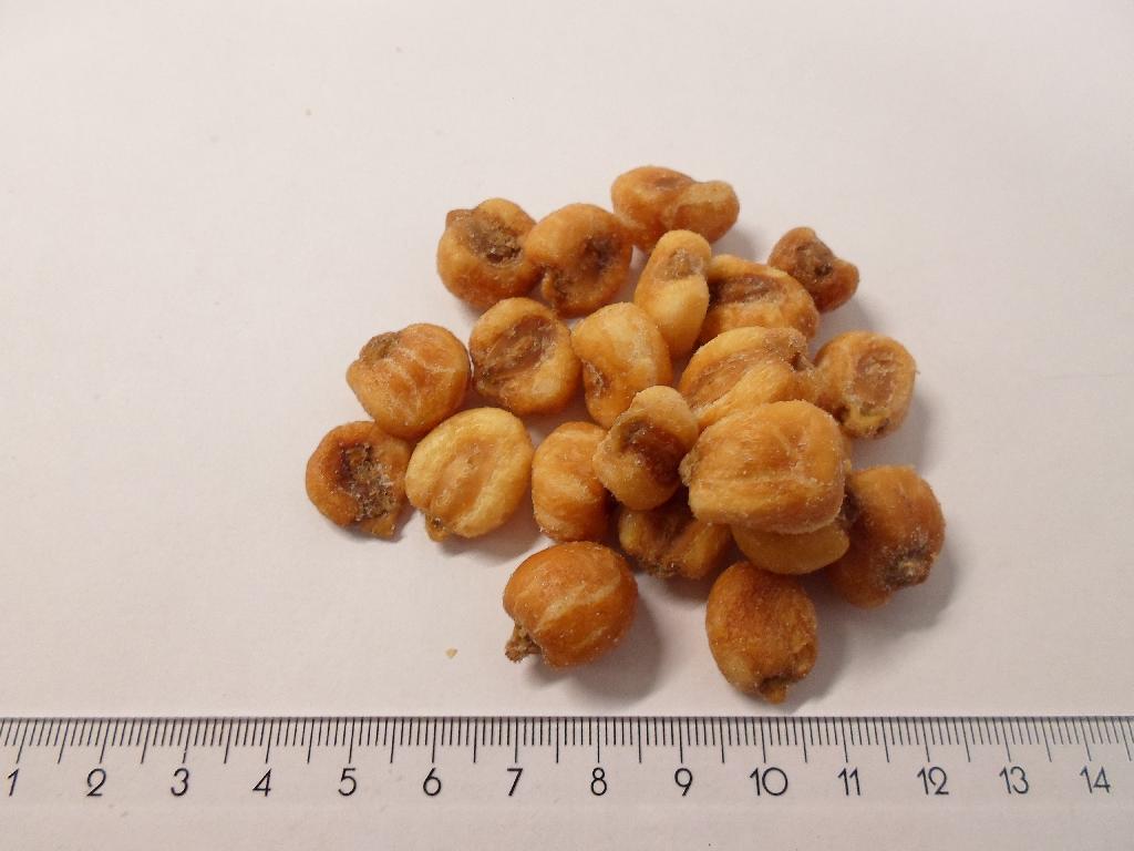 Varen er en fødevare (ristede og saltede majs). 

Det er oplyst, at varen er fremstillet af:	

- 86 % store majs (white giant corn cusco/maiz blanco gigante cusco)
- 12 % palmeolie
-  2 % salt

Majskornene er ujævnt formede sprøde korn, indvendigt hule og hvide på indersiden. Kimen kan ses som et mørkebrunt elipseformet område på den ene side af kornet. Størrelsen varierer mellem 1,5 cm til ca. 2 cm og tykkelsen er ca. 1 cm. 

Varen kan frembydes både i bulk og i detailsalgspakninger.

Ønskes oplyst i både bulk og detail
