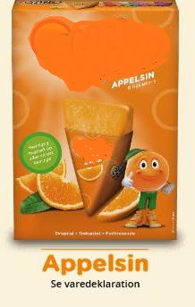 Frugtis til frysning.
Homogen væske bestående af frugtsaft.
Produkt bestående af følgende ingredienser i faldende orden efter vægt:
Ingredienser:
Vand 71 %
Sukker 20 %
Koncentreret frugtsaft* 1-4 % ~ 5-20 % saft
Syreregulerende middel <1 %
Aroma <1%
Farve <1%
Antioxidant <1%
*) Koncentreret frugtsaft: appelsin
Produktet indeholder ikke tilsat glukose, isoglucose eller stivelse