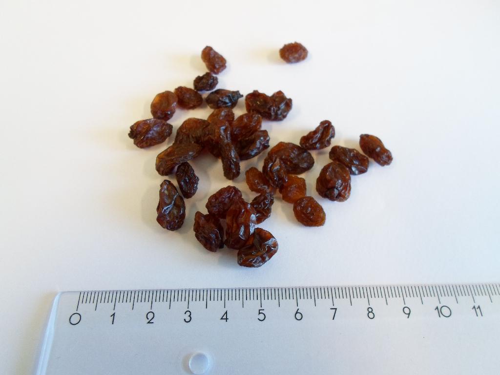 Varen er en fødevare (rosiner). 

Varen fremstår som bløde tørrede druer. De er mørkebrune i farven og ca. 1 til 1,5 cm lange. Smagen er sød. 

Varen frembydes både som bulk og i detailsalgspakninger. 

Sorten er ikke oplyst, men det er oplyst, at varen kommer fra Sydafrika.