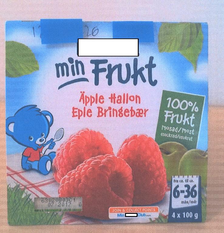 Varen er en frugtblanding af 100 % frugt.
Ifølge beskrivelsen er frugtmosen egnet til indtagelse som dessert eller mellemmåltid af børn fra 6 måneders alderen.
Ifølge angivelsen på emballagen indeholder varen 85 % æble og 15 % hindbær samt C vitamin.
Næringsdeklarationen angiver følgende: 0,1 % fedt, 11,5 % kulhydrat, hvoraf 9,7 % er sukkerarter, 1,3 % fibre.
Varen foreligger som en brunlig pure uden frugtstykker og dufter af hindbær. Den smager syrligt af hindbær og æble.
Ifølge beskrivelsen er produktet varmet op under et maximum tryk på 80 bar til UHT (ultra høj temperatur) 101o C i 107 sekunder. Opvarmningen under UHT forhindrer frugtmosen i at koge.
Varen foreligger i detailsalgsemballage i 4 små gennemsigtige plastbægre, indeholdende 4 x 100 g.