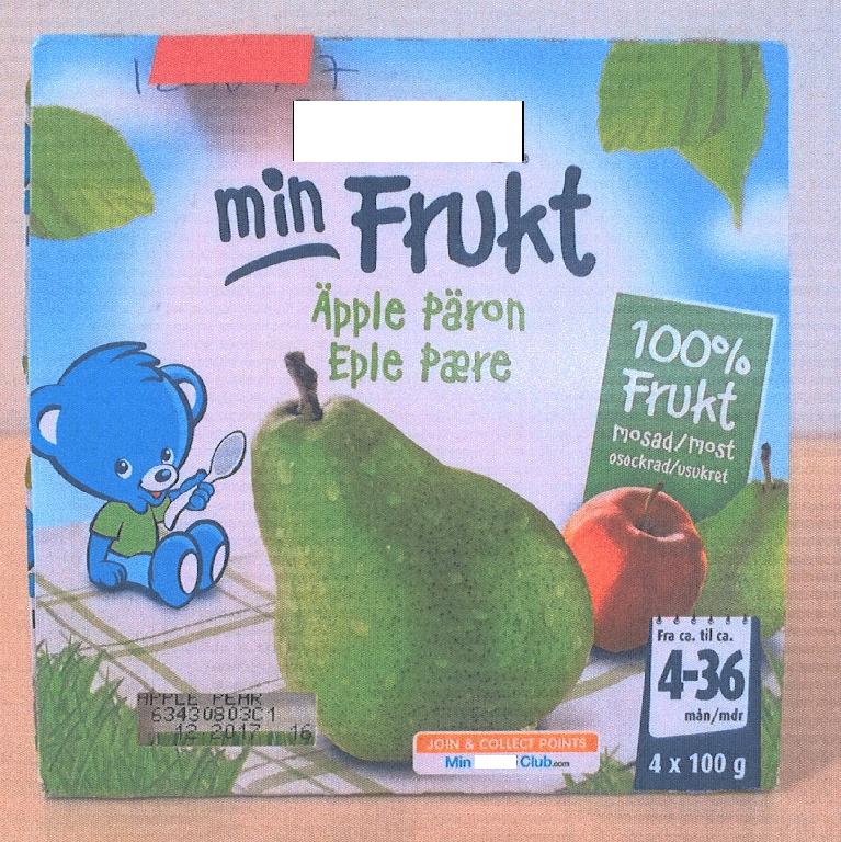 Varen er en frugtblanding af 100 % moset frugt.
Ifølge beskrivelsen er mosen egnet til indtagelse som dessert eller mellemmåltid af børn fra 4 måneders alderen.
Ifølge angivelsen på emballagen indeholder varen 70 % æble og 30 % pære samt C vitamin.
Næringsdeklarationen angiver følgende: 0,1 % fedt, 12 % kulhydrat, hvoraf 10,3 % er sukkerarter, 1,6 % fibre.
Varen foreligger som en gul mos uden stykker. Den smager sødt af pære og æble. Konsistensen er som æblemos.
Ifølge beskrivelsen er produktet varmet op under et maximum tryk på 80 bar til UHT (ultra høj temperatur) 101 grader C i 107 sekunder. Opvarmningen under UHT forhindrer frugtmosen i at koge.
Varen foreligger i detailsalgsemballage i 4 små gennemsigtige plastbægre, indeholdende 4 x 100 g.