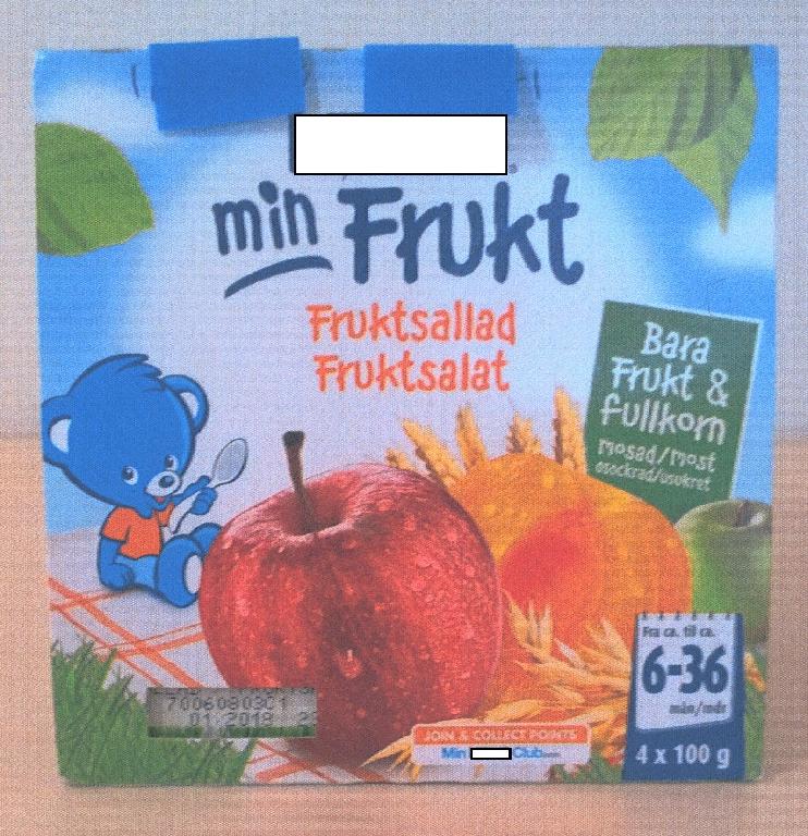 Varen er en blanding af frugter og fuldkorn. Den foreligger som en frugtmos og er i en gul-orange farve.
Ifølge beskrivelse på emballagen er den egnet til indtagelse af børn fra 6 til 36 måders alderen.
et er anført på emballagen, at varen indeholder 96 % frugter og 3,5 % fuldkorn og er fordelt med 44 % æble, 20 % abrikos, 20 % fersken, 9 % pære, 3 % banan, 3,5 % mel (maltet havre, fuldkornshvede, ris og hvedeklid) samt C vitamin.
Næringsdeklarationen angiver følgende: 0,1 % fedt, 14 % kulhydrat, hvoraf 10,4 % er sukkerarter, 1,9 % fibre og 0,9 % protein.
Varen dufter af banan og æble og smager let syrligt af æble/frugt. Det kan hver-ken ses eller smages, at der er tilsat fuldkorn til varen, undtagen nogle få små brune prikker i frugtmosen.
Ifølge beskrivelsen har varen undergået en varmebehandling, 107 sekunder med 101o C under et tryk på 80 bar, også beskrevet som en UHT behandling (ultra høj temperatur). Det høje tryk på 80 bar under varmebehandlingen forhindrer frugt-mosen i at koge.
Varen er pakket i 4 små gennemsigtige plastbægre, der er viklet ind i pap. Nettovægten er angivet til 4 x 100 g.