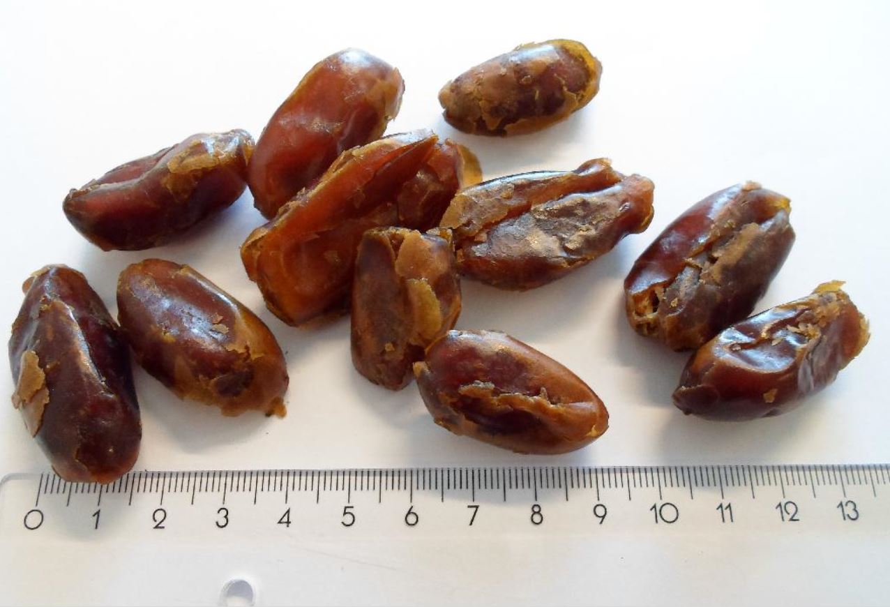 Dadlerne er ca. 3,5 cm lange. Farven er mørkebrun. Den yderste hinde er i tørringsprocessen gået i stykker, så ydersiden består af mindre flager. Det midterste af dadlen har en blødere konsistens end ydersiden. Dadlen indeholder ikke sten. Varens duft og smag svarer til tørrede dadler. Varen frembydes i pakninger af nettovægt over 35 kg.
Det er oplyst, at varen er udstenet, tørret og vendt i olie og at dadlerne ikke er til brug ved fremstillingen af produkter i drikkevare- og fødevareindustrien.
Følgende indhold er oplyst:
-	99,80 % iranske dadler af sorten ”Sayer”
-	00,20 % solsikkeolie
