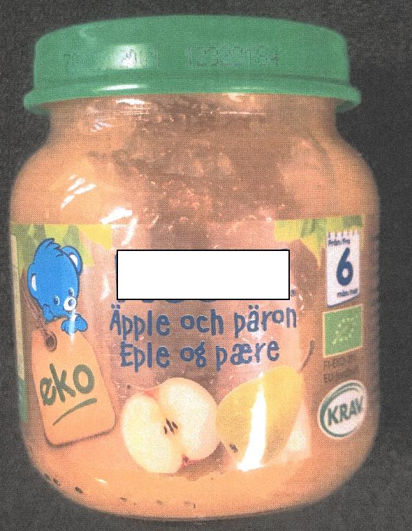 Varen er en frugtblanding af 100 % frugt. Den har en konsistens som lidt flydende puré uden stykker og er i en gul-brun farve.
Ifølge beskrivelsen på emballagen er den egnet til indtagelse af børn fra 6 måneders alderen.
Det er oplyst, at varen indeholder 64,6 % æble og 35,4 % pære og lidt vitamin C.
Næringsdeklarationen angiver følgende: 0,1 % fedt, 11 % kulhydrater, hvoraf 10 % er sukkerarter og 0,3 % protein.
Varen smager som æblemos og svagt af pærer.
Ifølge beskrivelsen er varen ”pasteuriseret retort” ved 90 grader C og 1 bar tryk, samt at højeste temperatur er 90 grader C.
Varen foreligger i detailsalgsemballage i form af et glas med grøn låg, indeholdende 125 g.