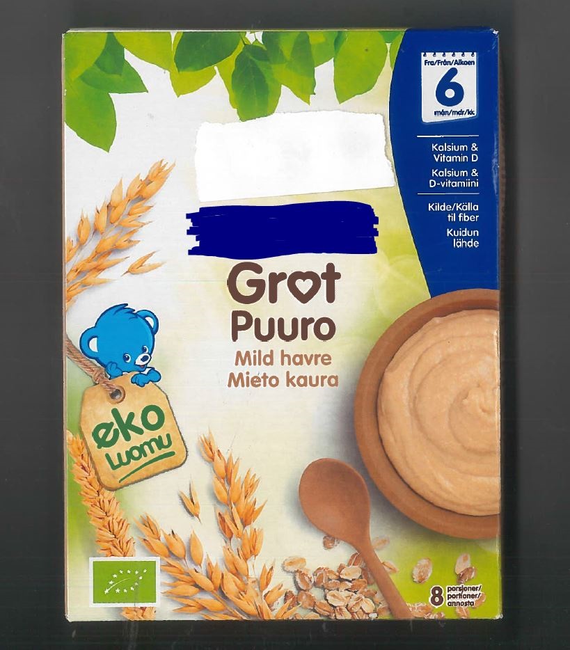 Varen er et færdigblandet pulverprodukt til grød med fuldkorn.
Grøden er egnet til indtagelse af børn fra 6 måneders alderen.
Ifølge ingredienslisten indeholder varen hvedemel (delvis nedbrudt), havremel (25 %), skummetmælkspulver, vegetabilsk olie, mineraler og vitaminer. Varen indeholder 25 % fuldkorn og 20 % mælk.
Næringstabellen angiver følgende: 12 % fedt, 64 % kulhydrater heraf 29 % sukkerarter, 4,0 % kostfibre, 16 % protein, salt og vitaminer.
Tilberedning: ca. 1 dl pulver røres op i 1 dl 40 grader varmt vand.
Grøden er hvid med lidt mørkere andele, og den smager sødt af havre.
Varen er emballeret i detailsalspakning indeholdende 240 g pakker i karton.