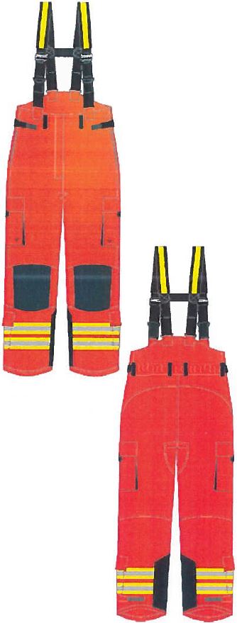 Varen foreligger som et par flammehæmmende bukser i 3 lag (yderstof, fugtbarrierer og for).

Varen foreligger med følgende sammensætning:
• lynlås af plast med velcro frontoverlap lukkende venstre over højre
• aftagelige seler med H-form, der ved skulderne er polstret og udstyret med reflekser
• bæltestropper rundt om livet
• forhøjet rygstykke
• justerbart elastisk indtag bagom livet, med stropper placeret på fronten af livet
• forudbøjede knæform
• DuPont™ Kevlar® forstærkninger på begge knæ
• forstærkning lavet af yderstof ved sædestykket, samt bunden af hvert bukseben
• justeringsstropper med velcro i bunden af hvert ben
• vandafløbshuller i lommerne og i bunden af hvert ben
• lynlås i foret til inspektion
• 2 stk. 5 cm brede reflekser placeret rundt om bunden af hvert bukseben
Varen foreligger med følgende lommer:
• gennemgangslomme i hver side ved livet
• firkantede lomme på begge sider af hvert ben
• lomme, der er lavet til at holde redskaber, i bunden af hvert ben

Lommeantal og typer kan variere.

Selerne kan foreligge i en størrelse small eller large. 

Yderstof og membran er sammensyet er afkantet med overlock, sammensyet med 1-nålet strikkesting og sammensyet med safety-overlock. 

Stropper, lommer osv. er påsyet med 1-nålet strikkesting.

Varen er sammensyet af 100% Meta-aramid tråd.
Bukserne har til funktion at beskytte mod varme, ild, sod- og røgpartikler. Der er monteret en fugtbarriere, der skal forhindre gennemtrængning af regn og slukningsvand/-damp udefra.
Varen foreligger i 3 lag.

Yderstof: Vævet NOMEX® Hainsworth® TITAN.

Fugtbarrierer: GORE-TEX® Airlock® 2 lags.

Inderfor: Vævet NOMEX® /Viscose.