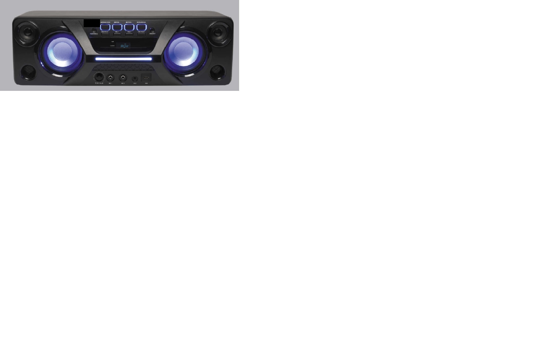 Det er oplyst, at varen er en kasseformet bærbar højttaler med indbygget Bluetooth og FM-radio. 

Midt på varens front er der udformet et aflangt håndtag, og på håndtaget sidder der en LED-lysstribe. 
Over håndtaget er der et LCD-display, og på hver side af displayet sidder der en højttaler (5 tommer) og en diskanthøjttaler (2 tommer). 

Det fremgår af det modtagne materiale, at varen har disko LED-lys i kombination med højttalerne. 

Over displayet sidder der ti funktionsknapper. Under displayet er der en volumenknap, to mikrofon indgange, en Aux-indgang og en USB-port.
Varen anvendes som en radio eller til afspilning af lyd via Bluetooth, Aux og USB-porten (MP3-format). Varen har et håndtag, så den er nem at bære. 

Varen har indbygget diskolys, som efter det oplyste har 5 indstillinger og en off-mode.  

Varen har en indbygget LED-lysstribe, som følger indstillingerne for diskolyset. 

Ved hjælp af funktionsknapperne kan man bl.a. skifte mellem radio, Bluetooth, USB eller Aux-funktion, vælge lyseffekter og equalizer funktioner.
Efter det oplyste har varen indbygget genopladeligt batteri.
Det er oplyst, at varen foreligger i detailsalgsemballage sammen med en brugermanual og et strømkabel. 

Det er angivet, at varen vejer 6,9 kg og har følgende mål:
Bredde: 560 mm
Dybde: 245 mm
Højde: 184 mm