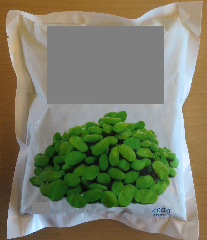 Varen består af frosne, grønne sojabønner (af arten Glycine max) uden bælg, også kaldt mukimame. Bønnerne er aflange i form og ca. 1-2 cm lange. Varen smager af sojabønne.
Varen er tiltænkt anvendt som en fødevare. Det er ikke oplyst, at varen skal tilberedes yderligere før fortæring.
Det er oplyst, at varen ikke er saltet, og at den er pillet og blancheret inden frysning ved mindst  22°C.
Varen er pakket i detailsalgsemballage med en oplyst vægt på 400g.
