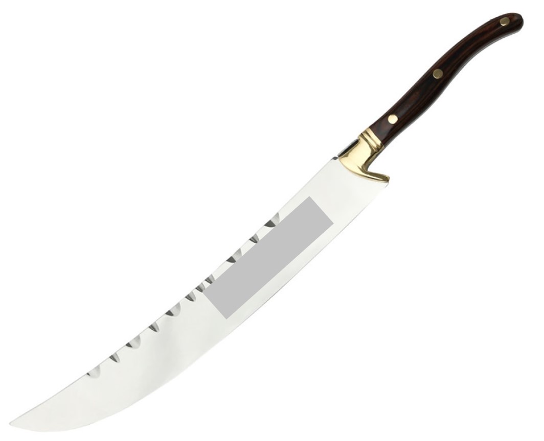 Varen er en såkaldt champagnesabel. Varen er 41,5 cm lang.

Varen har et tyndt, ca. 14 cm langt skaft med belægning af træ. Skaftet munder ud i en messingfarvet anordning, der holder knivsbladet. Der er tre messingfarvede stifter, der holder træbelægningen fast på skaftet.

Knivsbladet er ca. 27 cm langt og lavet af stål. Det har samme bredde i næsten hele bladets længde, men munder ud i en let opadbuet spids længst væk fra skaftet.
Langs knivsbladets ryg, er der 11 halvcirkel-formede indhug af varierende bredde. Det er oplyst, at disse blot er til pynt. Varens navn og logo er indgraveret på knivsbladets ene side.
Knivsbladet ikke er skarpt.
Varen er en såkaldt champagnesabel. Den er beregnet til at slå toppen af en champagneflaske.
Det er oplyst, at varen er lavet af stål og træ.
Varen er pakket i en kraftig papæske (46 x 8,5 x 3 cm), hvori et indlæg holder varens ender fast.