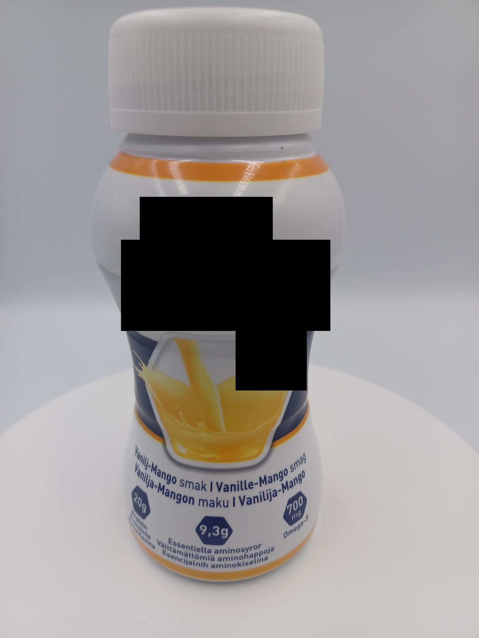 Varen er en fyldig mælkeagtig, lys gullig væske i en plastflaske. Væsken dufter af vanilje og lidt frugtigt, mens den smager meget sødt, tydeligt af vanilje og svagt af mango.
Det er oplyst, at varen er en fødevare til særlige medicinske formål, hvor den bl.a. er egnet til ernæringsmæssig håndtering af voksne med højt energi- og proteinbehov, som er underernærede eller i risiko for underernæring. 

Varen foreligger, så den er klar til at blive drukket og kan med fordel serveres kold. 

Et anbefalet indtag er på 1-2 flasker pr. dag som supplement eller som næringskilde efter anbefaling fra læge, diætist e.l.
Varen består af vand, maltodekstrin-glucosesirup, mælkeprotein, sucrose, kaliumcaseinat, solsikkeolie, rapsolie, valleprotein, fiber (fruktooligosakkarider og inulin), fiskeolie og diverse mineraler, vitaminer, aminosyrer, sporstoffer og andre (hjælpe)stoffer.
Varen foreligger i detailsalgsemballage, bestående af plastflaske med skruelåg. Der er angivet et indhold på 200 ml pr. flaske.