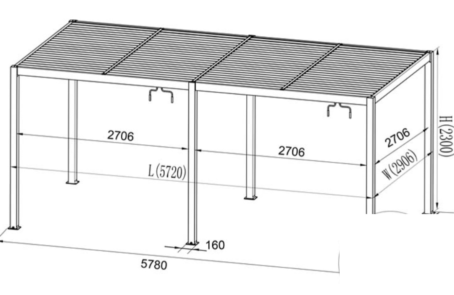 Varen er en konstruktion (en såkaldt pavillon) af pulverlakeret aluminium og stål med et fladt lameltag.

Varen består af 6 ben med fodplader, hvor der øverst er monteret bjælker imellem. Bjælkerne udgør rammen til taget. Tagets underkonstruktion er lavet af aluminiums spær, der går på tværs af længden.

Taget er udstyret med lameller, der kan drejes ved hjælp af to medfølgende håndsving. Lamellerne sidder i længderetningen.

Der er udboringer i fodpladerne, så varen kan fæstes til underlaget.
Varen anvendes som en konstruktion til afskærmning mod vind og vejr.
Lameller, ben, fodplader og bjælker udgør største delen af varen og er lavet af aluminium. Håndsving, ringe og skruer består af rustfrit stål.
Det er oplyst, at varen foreligger usamlet fordelt i 12 kasser. I samlet stand måler varen ca. 3 m x 5,8 m x 2,3 m og vejer ca. 280 kg.