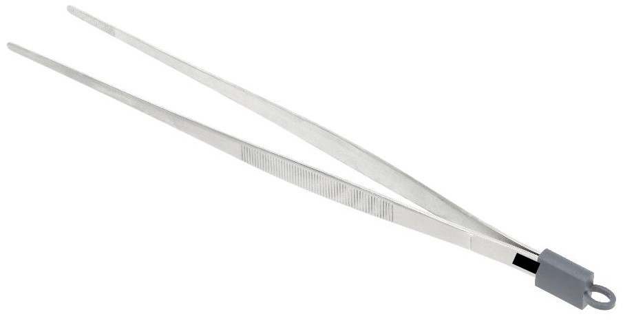 Varen er en pincet af metal, med et aftageligt rektangulært plastikhoved med en plastløkke for enden. Pincetten har, for enden af hver arm, riller på indersiden der hjælper med at gribe om ting. Derudover har pincetten på hver arm, et stykke med riller på ydersiden.
Det er oplyst, at varen er velegnet til brug ved stegning af mad.
Varen består af rustfrit stål (SS430).
Varen måler 31,5 cm lang.