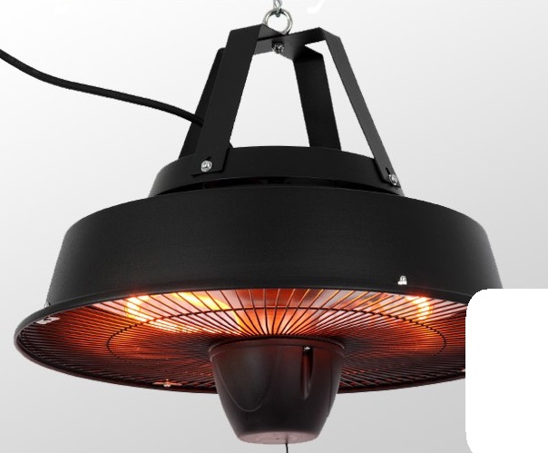 Varen er en varmelampe, der ligner en loftslampe. Varen har en rund skærm af metal, og under skærmen er der et beskyttelsesgitter med en kuppel under midten. Over skærmen er der et øje til ophæng. Varen er med snor-afbryder til sluk/tænd.
Varen kan anvendes til opvarmning udendørs på fx overdækkede terrasser eller indendørs i fx festtelte. Det er oplyst, at varen anvender infrarød varme genereret via elektricitet.
Det er oplyst, at varen er fremstillet af stål og indeholder karbonrør. Der medfølger en kæde til ophæng og en 1,6 meter lang ledning.
Følgende specifikationer er oplyst: Effekt på 1500 Watt, elektrisk spænding på 230-240 V. 

Varen har en diameter på 42 cm og en højde på 36 cm.