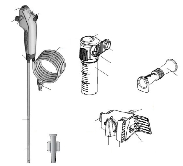 Varen er et sæt bestående af et endoskop, to 30 ml opsamlingsbeholdere, en suge-adapter, en sampler bridge og tre plast-fittings.

Endoskopet består af et plastikhåndtag med to kabler i bunden. 
Det ene kabel er et indføringskabel med 2 LED-lys og et kamera ved den distale spids. Kablet har en arbejdskanal til at passere væske, værktøj eller endoskopisk tilbehør.
Det andet kabel er til strøm og til at forbinde varen til en monitor (ikke en del af denne BTO).

På håndtagets front sidder en betjeningsknap, der styrer og bevæger indføringskablets distale ende.
Derudover har håndtaget en sugeknap på bagsiden, et stik (til påsætning af sug) i siden og en arbejdskanalport i toppen, som giver mulighed for transport af væsker og indføring af endoskopisk tilbehør som pincet og børster.

Opsamlingsbeholderne monteres ved hjælp af sugeadapter og sampler bridge på endoskopets sugestik. Alle delene er af plast.

Varen kommer i to udgaver, hvor diameteren af endoskopets indføringskabel er 5 mm eller 5,8 mm med en arbejdskanal på henholdsvis 2,2 mm til 2,8 mm i diameter. Længden af indføringskablet er i begge tilfælde 600 mm.

De tre små plast-fittings (luer lock introducer) anvendes ved introduktionen af tilbehør.
Det er oplyst, at varen er beregnet til endoskopiske procedurer og undersøgelser inden for luftveje og det trakeobronkiale træ (luftrør og hovedluftveje, der forgrener sig ind i lungerne).

Det samlede sæt med en opsamlingsbeholder monteret på endoskopet giver mulighed for prøvetagning fra luftvejene.

Det oplyses, at varen er til medicinsk engangsbrug.

På grund endoskopets anvendelsesformål kaldes det også et bronkoskop.
Alle dele af sættet er pakket sammen i en steril plastemballage.

Det er oplyst, at varen kommer i kasser med 5 stk. i hver.