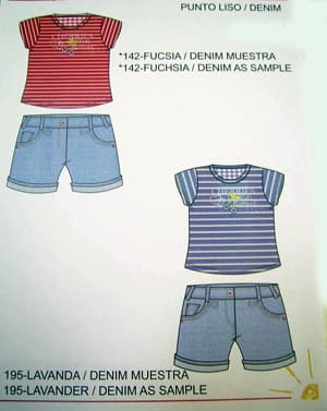 Camiseta a rayas, de punto (algodón 95% y elastano 5%). De manga corta. Dobladillada en su parte inferior, así como en el borde de las mangas. Cuello redondo. De color fucsia con líneas blancas y verdes. Presenta un dibujo, letras y dos botones cosidos representando unas cerezas en el pecho.

Se presenta con unos shorts tipo vaqueros de color azul claro en un único embalaje (bolsa de plástico). Talla 2 años.