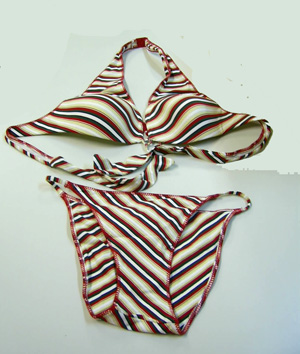 Traje de baño para mujer tipo bikini formado por un sujetador y una braga, confeccionado con tejido de punto (92% poliamida y 8% lycra). Ambas partes del bikini están hechas con la misma tela, incluido el mismo estampado. El sujetador lleva aros en las copas, sujetándose mediante un tirante anudado al cuello y un cierre plástico en la espalda. 

Se presentan en una envoltura plástica como prenda única, con la misma talla y precio unitario de venta al público.
