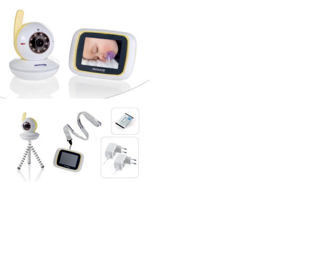 Surtido acondicionado para la venta al por menor que contiene:
- una cámara de televisión inalámbrica que incorpora un transmisor de frecuencia 2.4 GHz con 4 canales, 
- un monitor en color inalámbrico con pantalla de cristal líquido con una diagonal de pantalla de 8,90 cm (3.5 pulgadas), que incorpora un receptor de señales de la misma frecuencia que el emisor,
- dos adaptadores de corriente, una batería recargable, una cinta para el cuello y un trípode.
Está destinado a la vigilancia de niños de corta edad en una distancia máxima de 300 m. Y se presenta en una caja de cartón para su venta al por menor.