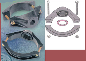 Collarín de fundición maleable, tipo esferoidal, compuesto por dos mitades separables y con salida roscada en la parte superior. Está equipado con una junta tórica, dos tornillos cincados y dos tuercas, para unir las dos mitades y ajustar por presión el collarín a la tubería. Se presenta para su venta al por menor en nueve modelos diferentes, con un diámetro nominal entre 60 a 300 milímetros, y una salida roscada entre 3/4" y 3”, respectivamente. Se utiliza en derivaciones de agua o gas para tuberías de fundición maleable.