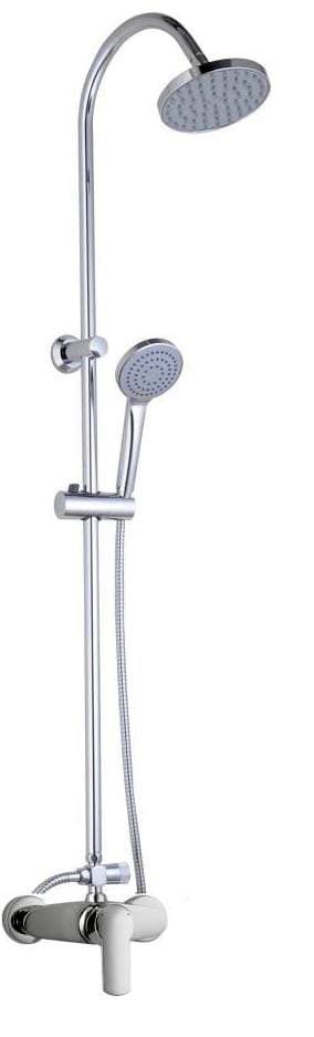 Columna de ducha compuesta por un grifo monomando, un tubo de acero inoxidable y dos cabezales (alcachofas) de plástico ABS, el superior fijo y sin regulación de chorro y el inferior, destinado a usarse a mano y unido a la columna por un tubo flexible de acero inoxidable,  también sin regulación del chorro.