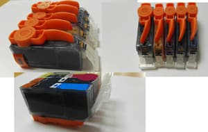 Cartuchos de tinta líquida de diferentes colores, sin cabezal impresor, destinados a instalarse en impresoras de chorro de tinta. Se presentan en carcasa de plástico con un chip con los parámetros de identificación entre el cartucho de tinta y la impresora y para el control de la tinta restante.
