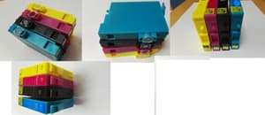 Cartuchos de tinta líquida de diferentes colores, sin cabezal impresor, destinados a instalarse en impresoras de chorro de tinta. Se presentan en carcasa de plástico con un chip con los parámetros de identificación entre el cartucho de tinta y la impresora y para el control de la tinta restante.