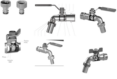 Grifo de caño curvo, de apertura manual, para agua.
Está diseñado para usarse en instalaciones exteriores de fontanería como jardines y terrazas. Incluye una boquilla para poder conectarse a una manguera.
Cuerpo fabricado en una sola pieza en latón. Obturador esférico, también en latón. Mando de palanca o palomillas.