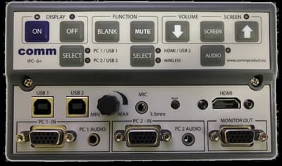 Consola equipada con varios aparatos de las partidas 8535 u 8536, para control o distribución de electricidad, que funciona con una tensión inferior a 1000 V.
Se utiliza para el control manual de señales de imagen y sonido recibidas de varias fuentes o enviadas a varios aparatos (máquinas automáticas para el tratamiento o procesamiento de datos, proyectores, pizarras digitales, monitores, micrófonos, etc.).
Dispone de botones de selección: ON, OFF, PC1, PC2, HDMI, SUBIR Y BAJAR VOLUMEN.
Incorpora las siguientes entradas: 1 HDMI, 2 USB, 2 VGA y 1 MIC.
Incorpora conexiones de salida: 1 HDMI, 2 VGA, 1 USB OUT.
Dispone de 16 configuraciones de protocolos de control.