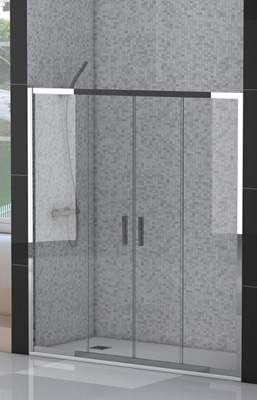 Mampara para ducha de forma rectangular con unas dimensiones que van de los 140 cm. a los 200 cm. de ancho por 190 cm. de alto. Se presenta en dos bultos que contienen cuatro placas de vidrio de seguridad templado de 6 mm. de grosor (dos fijas y dos correderas), ocho rodamientos, tornillería, un tirador, seis perfiles de aluminio, dos tiradores, etc. Una vez montada esta mampara las placas de vidrio quedan totalmente enmarcadas por sus bordes exteriores con los perfiles de aluminio. Se destina a quedar fija a la pared por medio del atornillado de los perfiles de compensación.
Vidrio y aluminio.