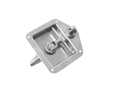 Dispositivo de cierre con cerradura incorporada, en chapa acero inoxidable.
Se utiliza como seguro en la caja de herramientas instalada en los vehiculos no automoviles (remolques).
Tiene una longitud de 124 mm y una anchura de 121 mm.