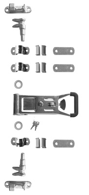 Cierre tipo falleba, con cerradura con llave incorporada, con una longitud de 90 mm y una anchura de 260 mm en su parte más estrecha, que se presenta para su venta al por menor con las abrazaderas.
Se utiliza en los vehículos no automóviles (remolques) para cerrar la puerta trasera.
Chapa de acero cincado.