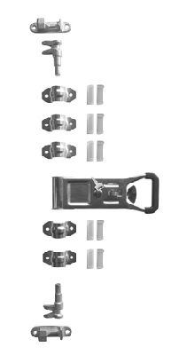 Cierre tipo falleba, con cerradura con llave incorporada, con una longitud de 85 mm y una anchura de 280 mm en su parte más estrecha, que se presenta para su venta al por menor con las abrazaderas.
Se utiliza en los vehiculos no automoviles (remolques) para cerrar la puerta trasera.
Chapa de acero cincado.