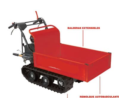 Carretilla con motor de gasolina que incorpora una caja basculante.
Según declaración del solicitante se utiliza fundamentalmente en trabajos agrícolas.
Presenta un sistema de tracción por medio de orugas para poder moverse por terrenos accidentados, tanto hacia adelante y como hacia atrás.