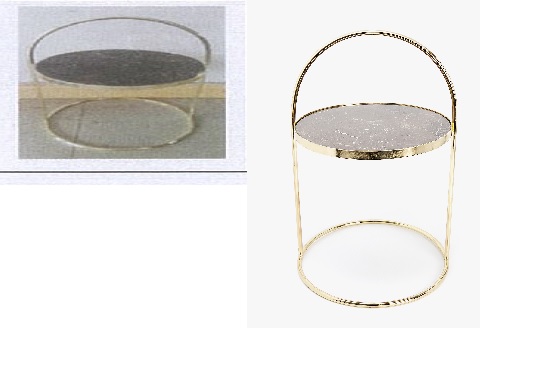 Mueble de piedra, mesa. Compuesta por una estructura de metal y un tablero de piedra. 
Medidas.49 x 59 cm
Se utiliza como mobiliario.
La composición en volumen es 70 % piedra, 30 % hierro, siendo la estructura 100 % hierro y el tablero 100 % piedra.