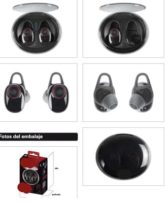 Auriculares bluetooth con tecnología “true Wireless”, resistentes al agua.
Sirven para escuchar el sonido que les envía un reproductor bluetooth externo, ya que los propios auriculares no tienen ningún reproductor interno.
Dispone de batería interna de 85mAh y con base de carga de 500 mAh.
Distancia de funcionamiento: 10 m.
Dimensiones: 72 x 37 x 50 mm.