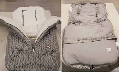 Saco de dormir para bebés confeccionado en fibras sintéticas, relleno de guata y forro de polipiel. El saco es desmontable a través de unas cremalleras metálicas laterales, siendo posible convertirlo en funda para carro o saco cuando se cierran las cremalleras. Dispone de aperturas para meter el cinturón de seguridad del carro y en la parte trasera incorpora una cinta elástica para sujetarse al carro y una funda de plástico a modo de gorro para sujetarse a la parte superior de la silla.
Se destina a bebes.
50% poliéster, 42% poliamida, 8% poliuretano.