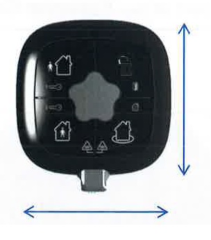 Mando de control a distancia diseñado como una unidad de una instalación eléctrica de alarma.
Su función básica es conectar y desconectar el sistema de alarma de un local.
Dispone de un módulo transceptor de radiofrecuencia, un codificador, etc. Funciona con una pila de 3v CR2450 de litio.
Dimensiones: 14,1x 45,7 x 45,7 mm.
Peso: 22 g (con pila).