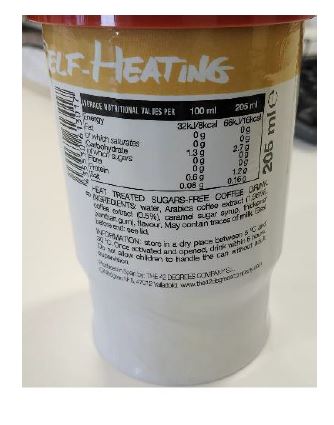 Bebida de café sin azúcar tratada térmicamente. Se presenta en
lata autocalentable formada por cuerpo expansionado y latiña, con un peso neto de 207gr.
Concebido para uso alimentario.
Agua, extracto de café Arábica, extracto de café, jarabe de azúcar caramelizado, espesante: goma xantana y aroma.