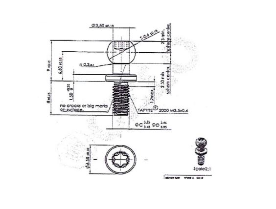 Artículo consistente en una varilla roscada con cabeza esférica con huella/impronta en forma de estrella de 6 puntas o lóbulos lo que hace posible el uso de atornillador manual, semiautomático o automático con cabeza “Torx” para su ensamblaje. Entre la parte superior y la rosca puede haber un cuello o bien una arandela estampada (valona) en la misma pieza, es decir, no dispone de ningún elemento externo a la propia pieza.
Se utiliza en diferentes aplicaciones para fijar y montar elementos de automoción, construcción, entre otros.
En todos los casos el material con que está fabricado es de acero.