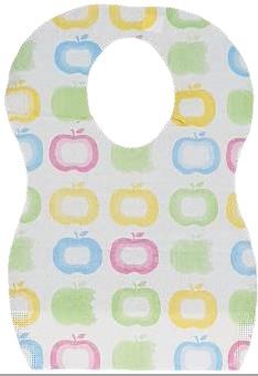 Manufactura de fondo blanco decorada con siluetas de manzanas de distintos colores con forma de ocho de 235 x 320 mm. En uno de sus extremos tiene un troquel oval (80 x 100 mm) a 30 mm de su perímetro con dos cortes y en el otro un pliegue en forma de bolsillo.
Su función es de babero y por sus dimensiones destinado a un niño mayor de dos años.
Está fabricado con un material estratificado de 84 gr/m2 de peso y 0,27 mm de espesor compuesto por:
Una cara vista decorada de tela sin tejer, predominantemente de polietileno, termo-sellado de 32 gr/m2 y 0,18 mm de espesor aproximado.
Una capa intermedia de papel de 27 gr/m2 y 0,08 mm de espesor aproximado.
Una capa inferior (o interna, en contacto con el cuerpo) de plástico de tipo polietileno de 27 gr/m2 y 0,03 mm de espesor aproximado.