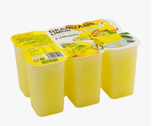 Granizado de limón, listo para beber, a base de una mezcla de agua, azúcar, limón (14,6%, zumo y corteza de limón), aroma de limón y colorante (curcumina). Se presenta en vasos de plástico y puede ser consumido con una pajita.
Se usa para la alimentación humana.
Debe de ser conservado en congelación a
temperaturas inferiores a -18°C.Una vez descongelado no se debe volver a congelar