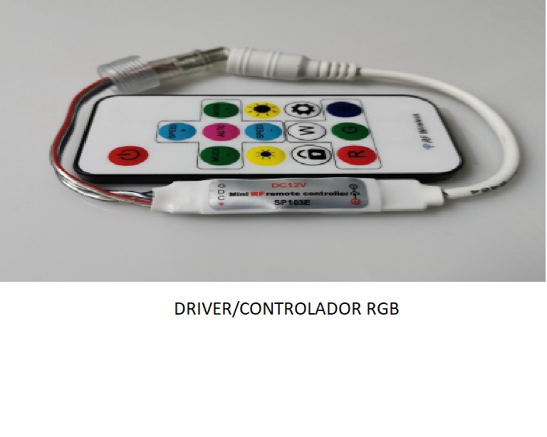 Conjunto formado por un controlador para tiras LED RGB alimentadas a 5-12 V DC, con su mando a distancia RF (señal de radiofrecuencia) de 14 botones.
Posibilita el control remoto de encendido/apagado de la tira LED, así como la intensidad de brillo de las tiras LED. Además, permite disponer de varios modos de variación secuencial de la gama de color.
Controlador/Dimmer (atenuador de luz) de LED, va equipado con un módulo receptor de radio y otros componentes activos y pasivos en una carcasa con contactos para su conexión a la fuente de alimentación y la tira de iluminación LED.